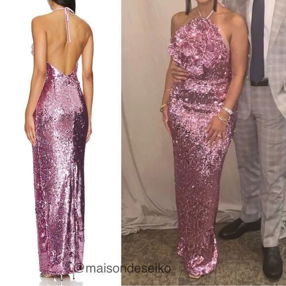 Lovers and Friends Maxi Dress Pink Sequin Lilium Gown Rosette Floral size XS - Picture 3 of 12